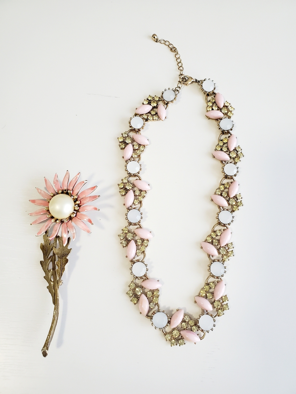 Delicate Pink and White Statement Necklace & Brooch  - Women Jewelry